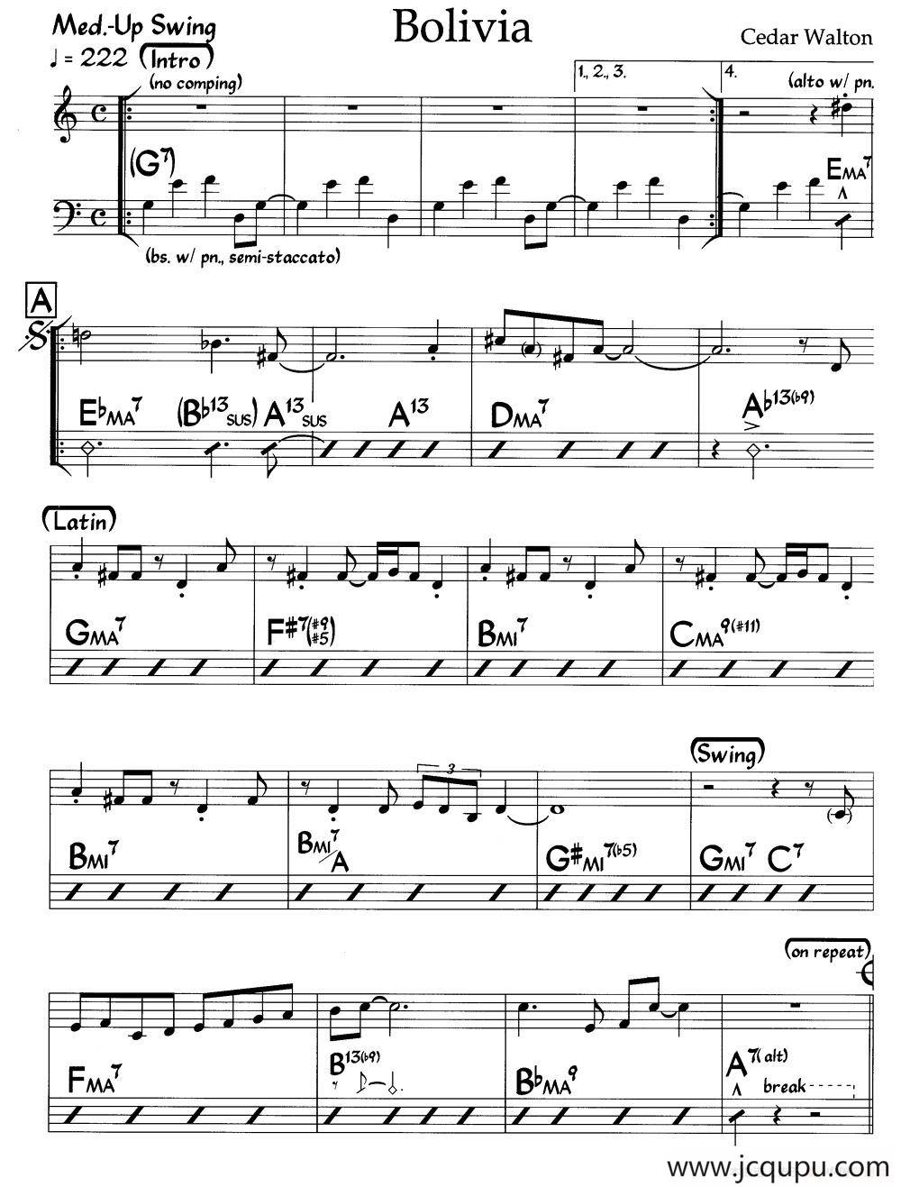 Bolivia（玻利维亚）（爵士钢琴曲）简谱