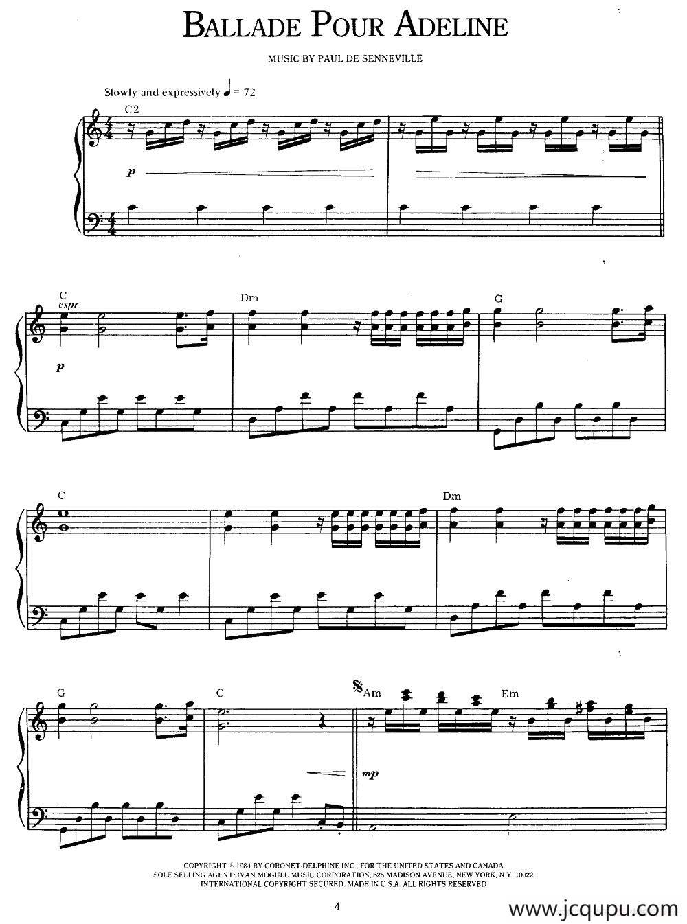 Ballade Pour Adeline简谱