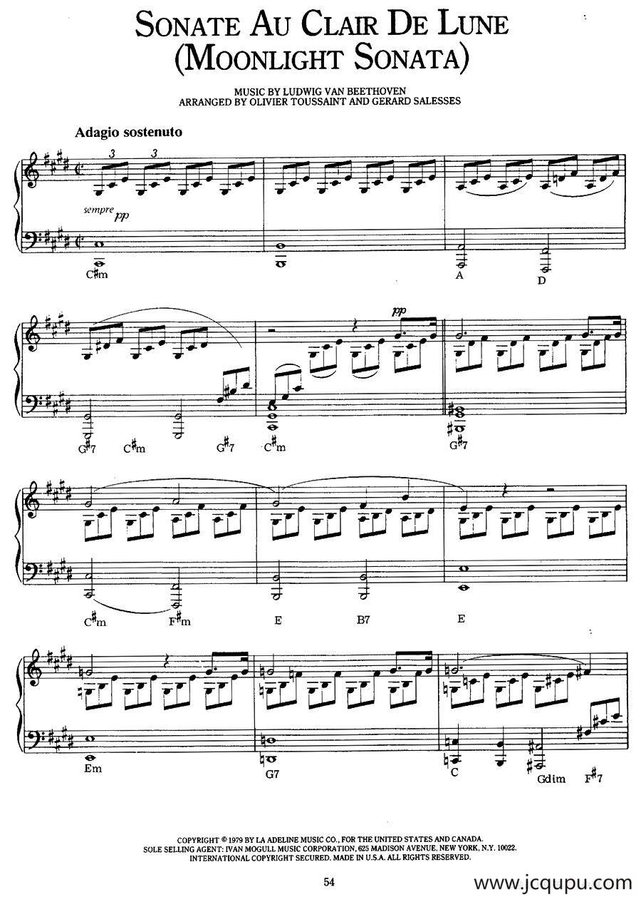 Sonate au Clair de Lune （Moonlight Sonata）（金月光奏鸣曲）简谱