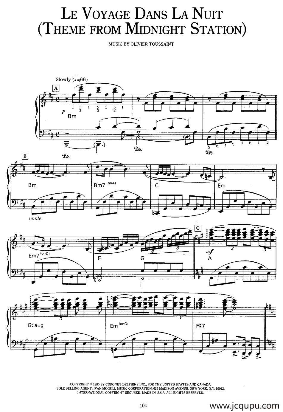 Le voyage dans la nuit (Theme from 'Midnight station')（向黑夜出发）简谱