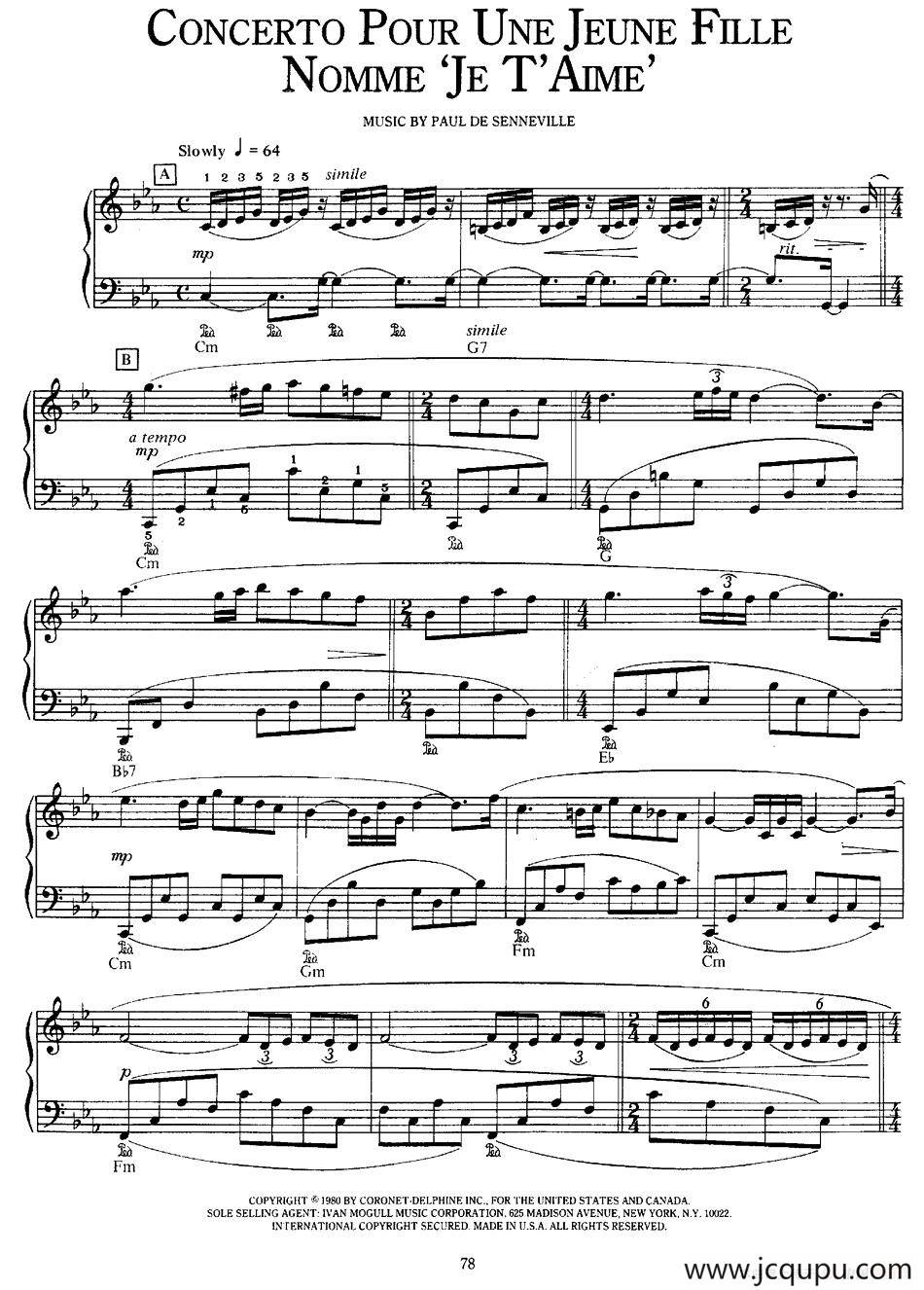 Concerto Pour Une Jeune Fille Nommee `je T`aime`简谱