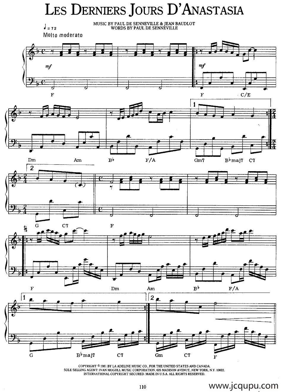 Les Derniers Jours D‘Anastasia简谱