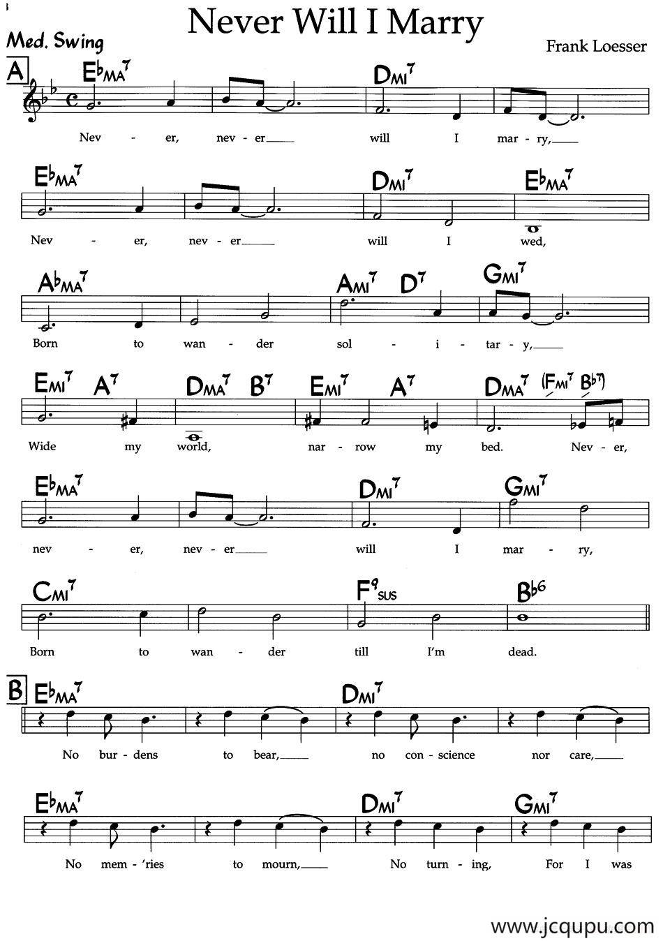 Never Will I Marry（爵士钢琴曲）简谱