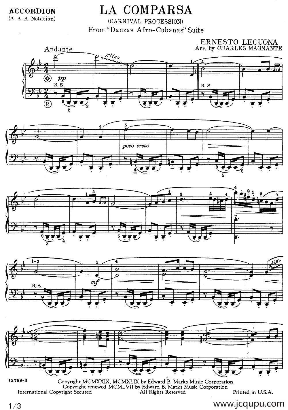 La Comparsa（狂欢节的游行）（传统低音手风琴）简谱