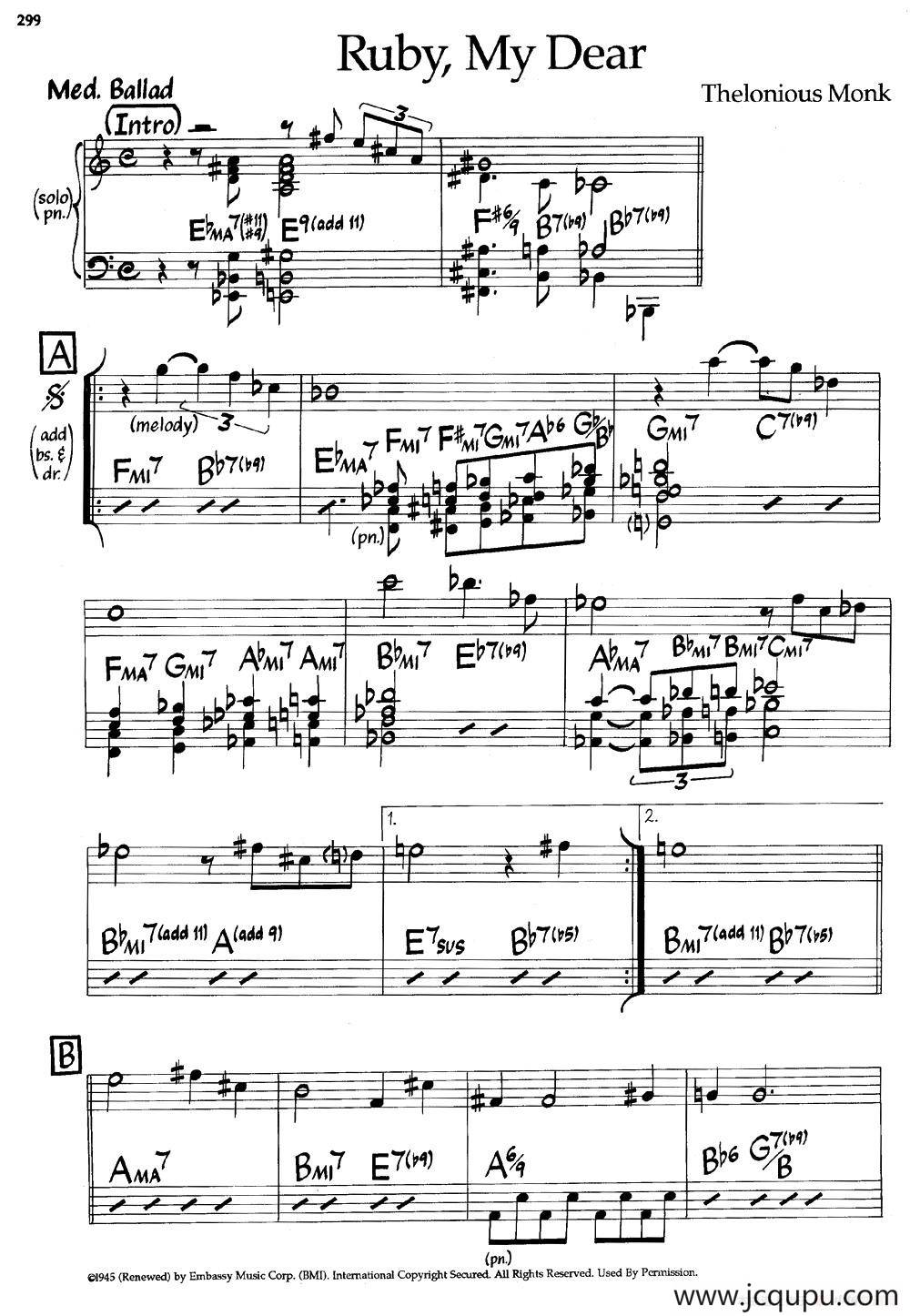 Ruby,My Dear（爵士钢琴曲）简谱