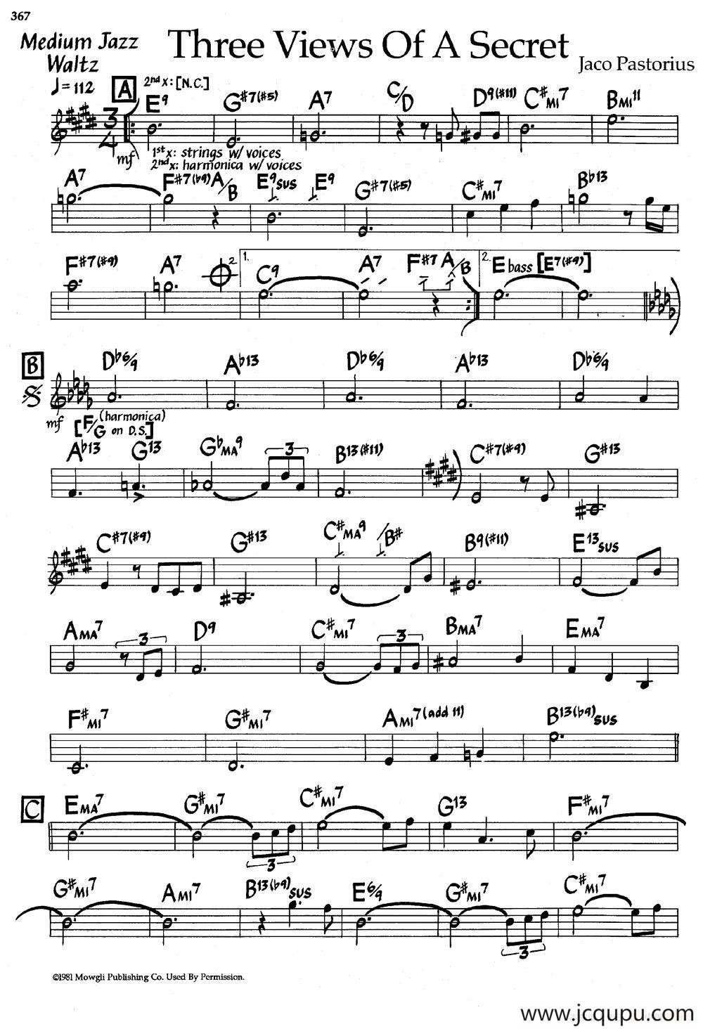 Three Views Of A Secret（爵士钢琴曲）简谱