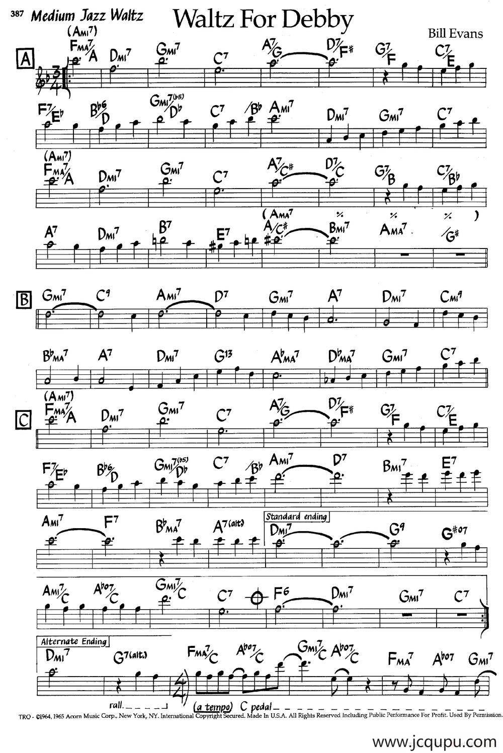 Waltz For Debby（爵士钢琴曲）简谱