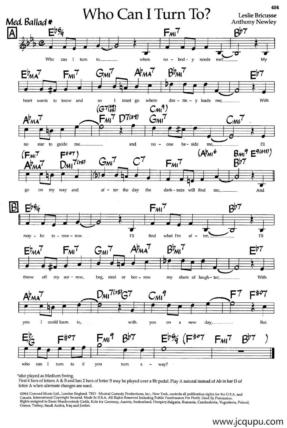 Who can Turn To?（爵士钢琴曲）简谱