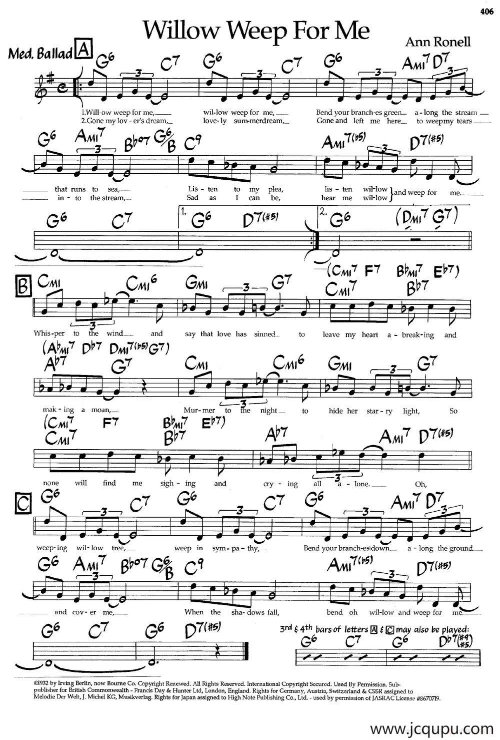 Willow Weep For Me（爵士钢琴曲）简谱