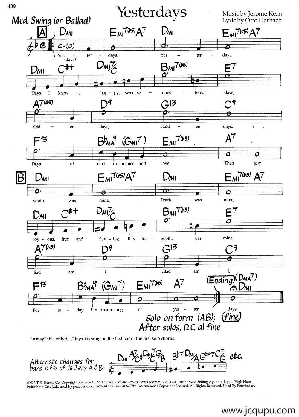 Yesterdays（爵士钢琴曲）简谱