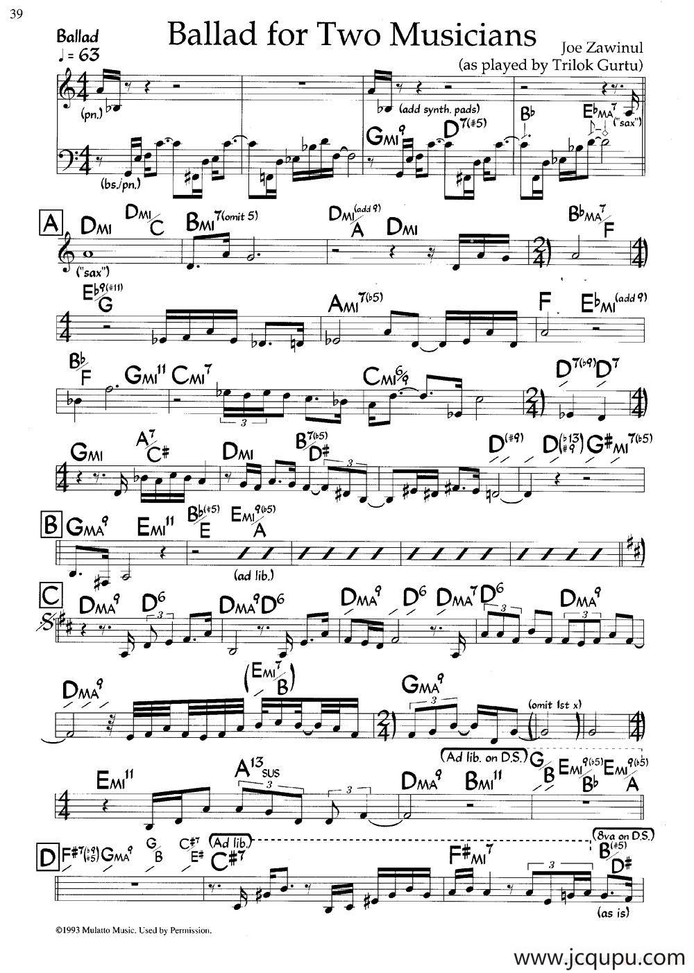 Ballad for Two Musicians（爵士钢琴曲）简谱