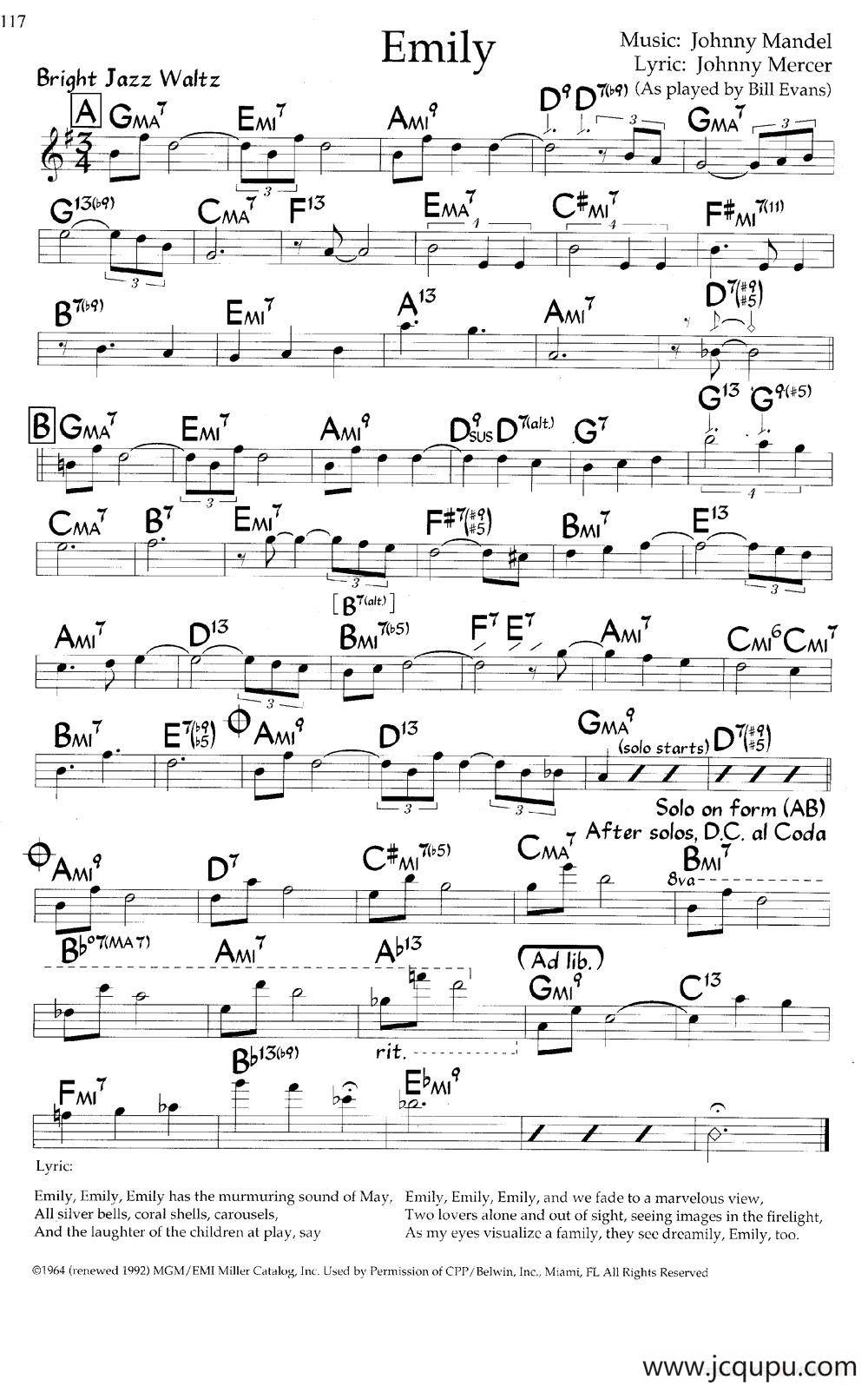 Emily（爵士钢琴曲）简谱