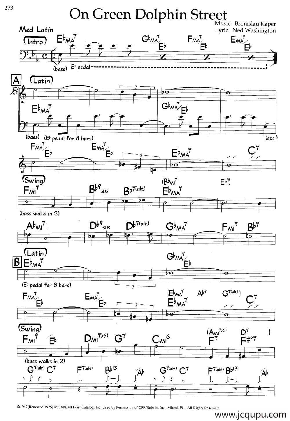 On Green Dolphin Street（爵士钢琴曲）简谱