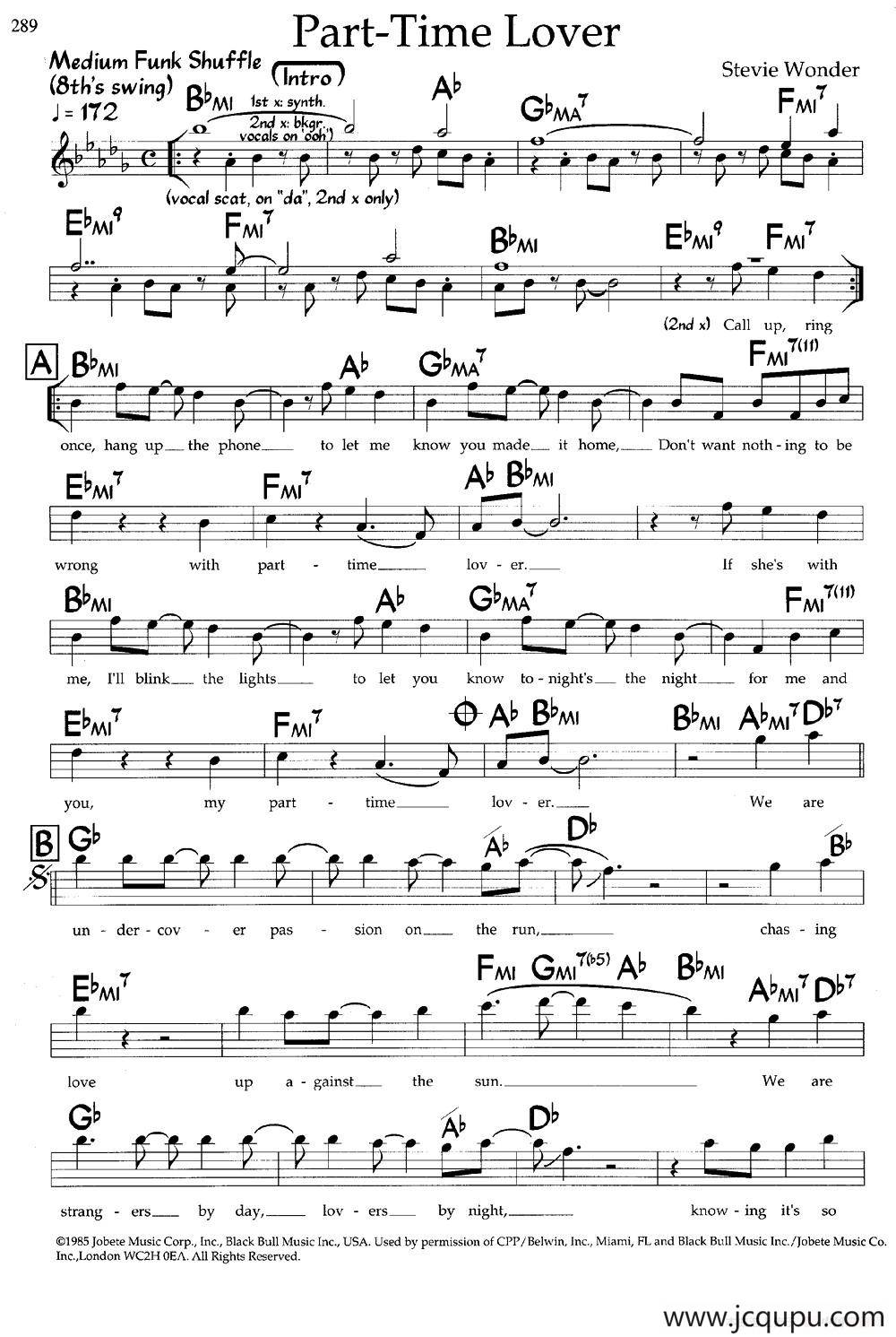 Part-Time Lover（爵士钢琴曲）简谱