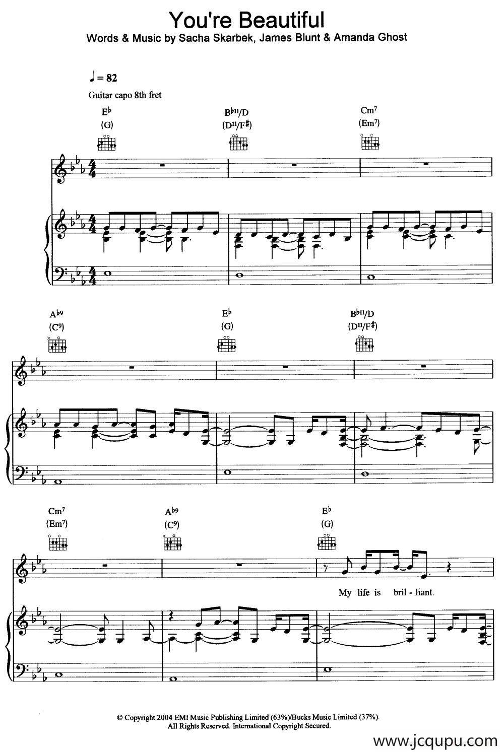 you‘re beatuiful（五线谱+钢琴伴奏）简谱