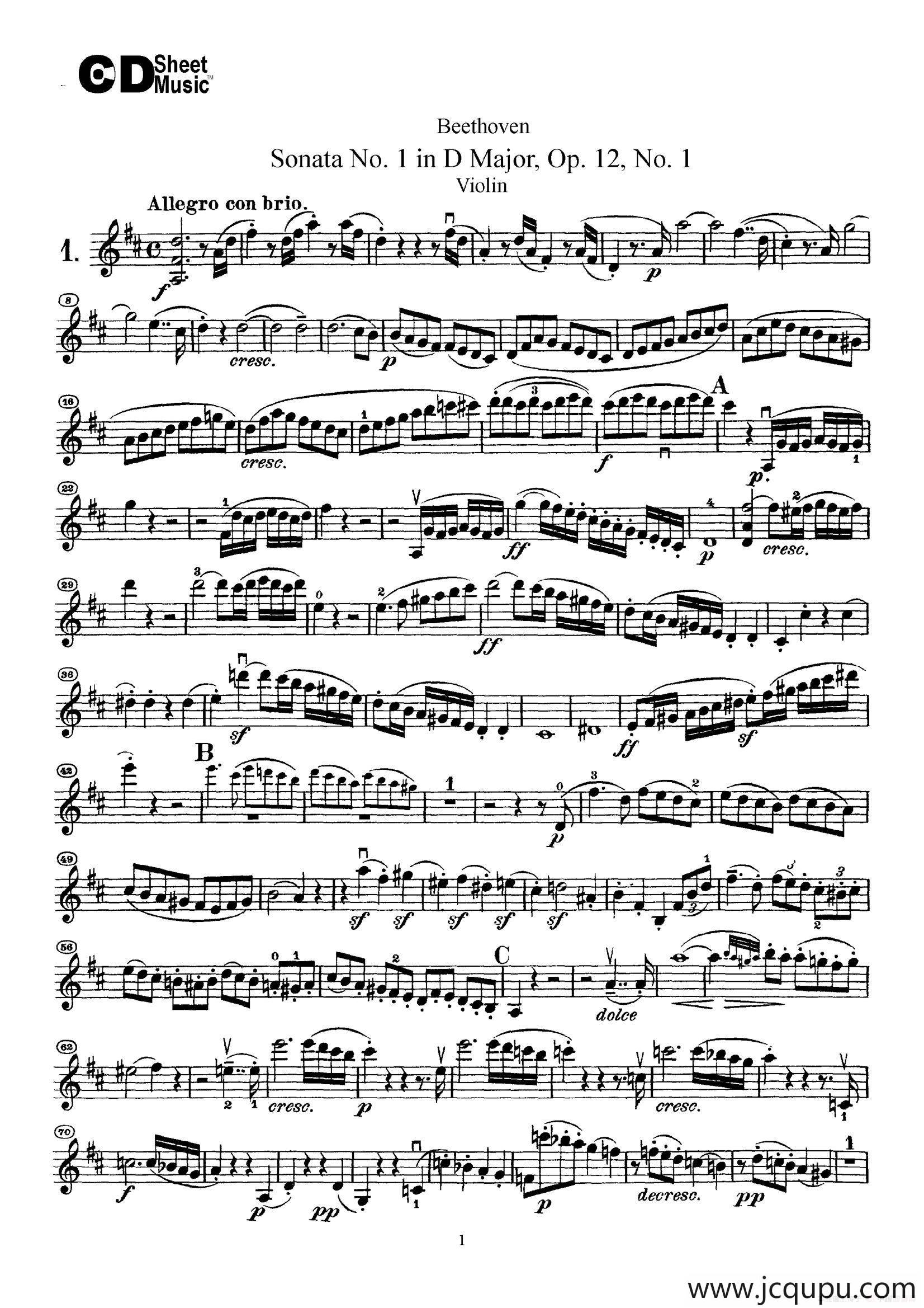 D大调第一小提琴奏鸣曲简谱