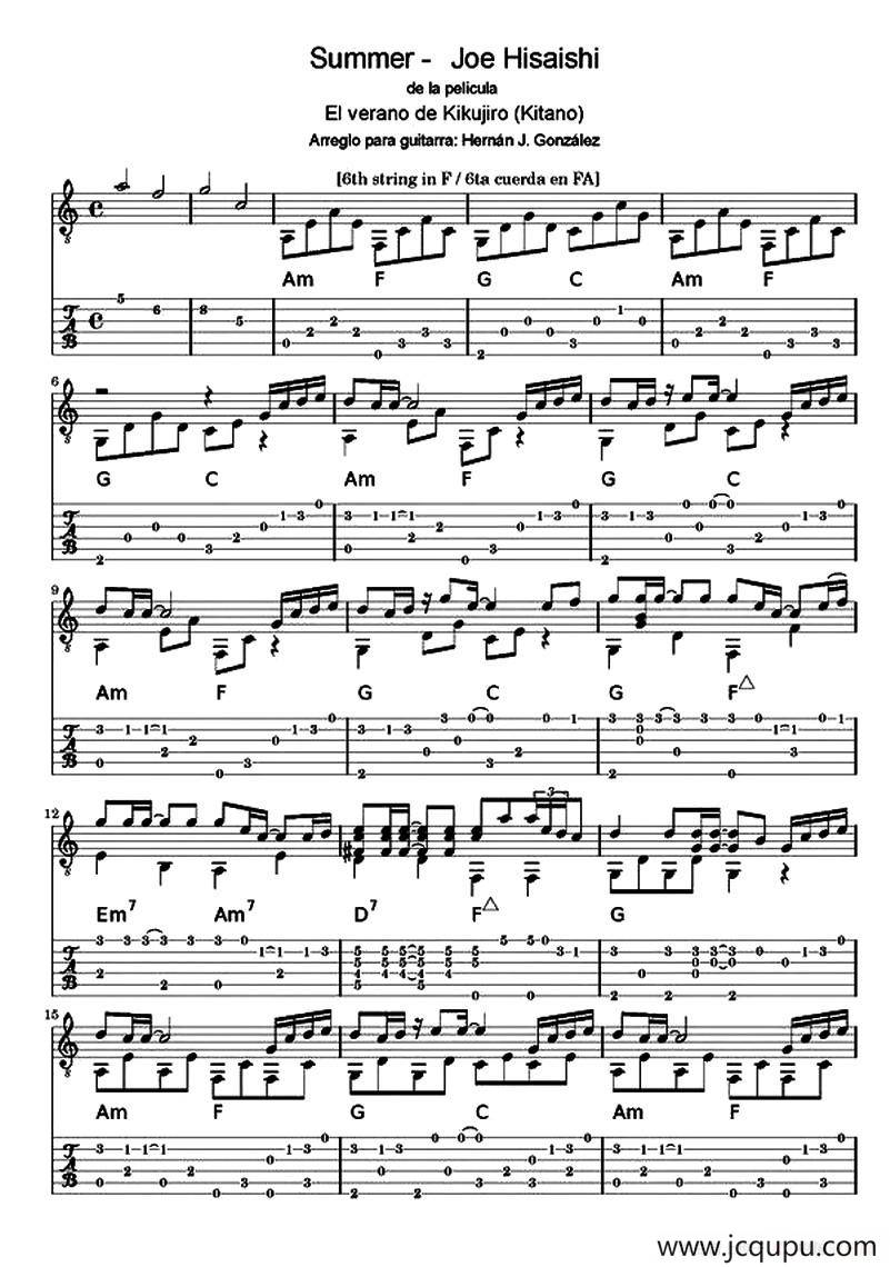 菊次郎的夏天（Summer）（指弹谱、五线谱+六线谱）简谱