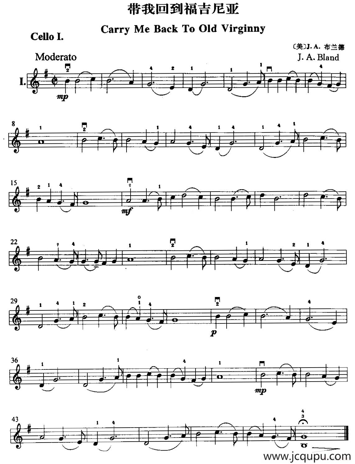 带我回到福吉尼亚（大提琴二重奏）简谱