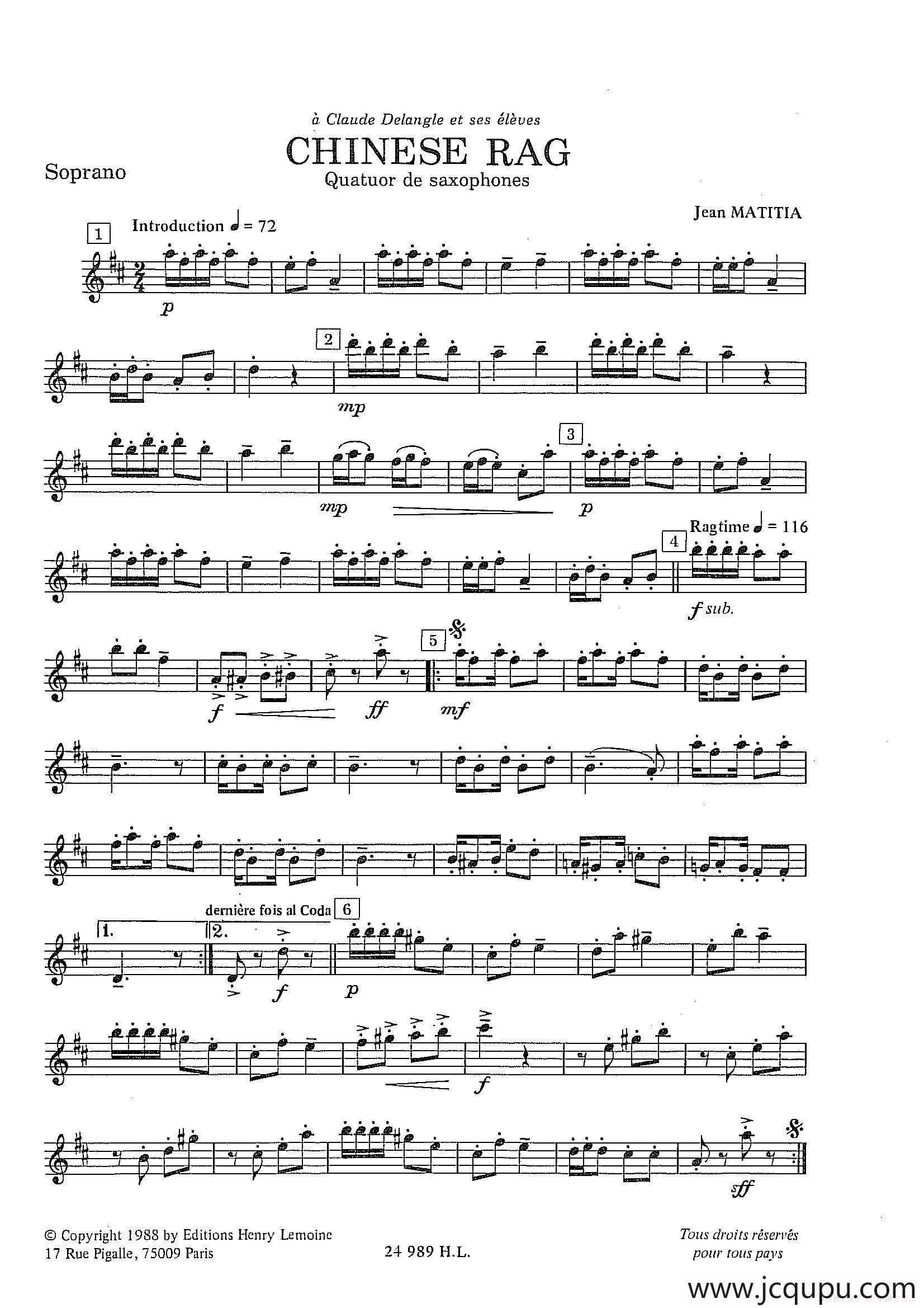 Chinese Rag （四重奏总谱+分谱）简谱