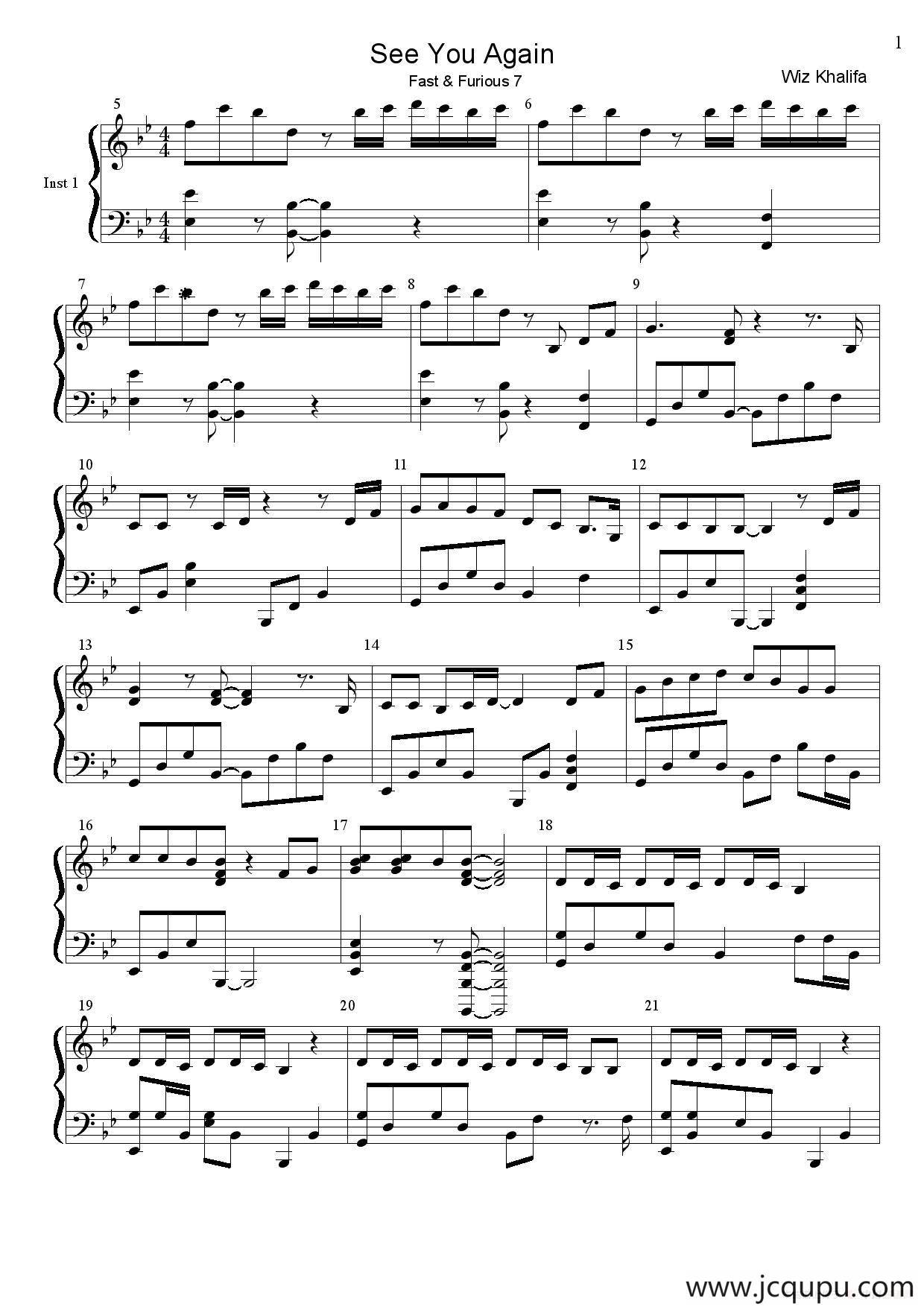 See You Again（电影《速度与激情7》主题曲）简谱