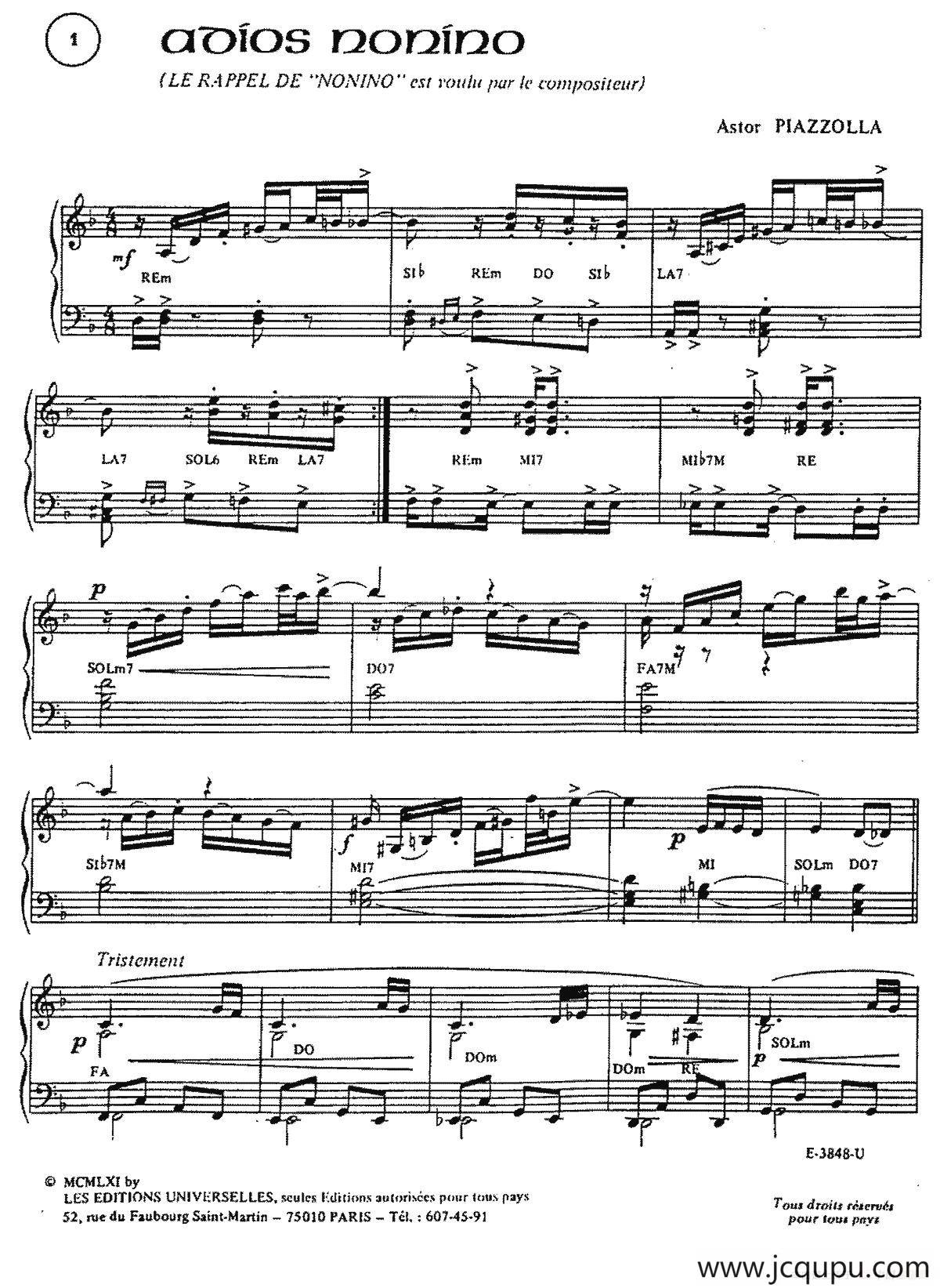 Piazzolla合集：1、ADIOS NONINO简谱