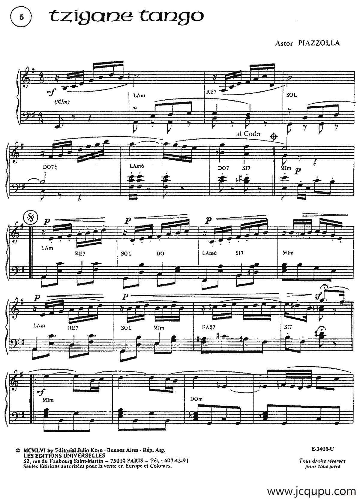 Piazzolla合集：5、Tzigand Tango（古典探戈）简谱