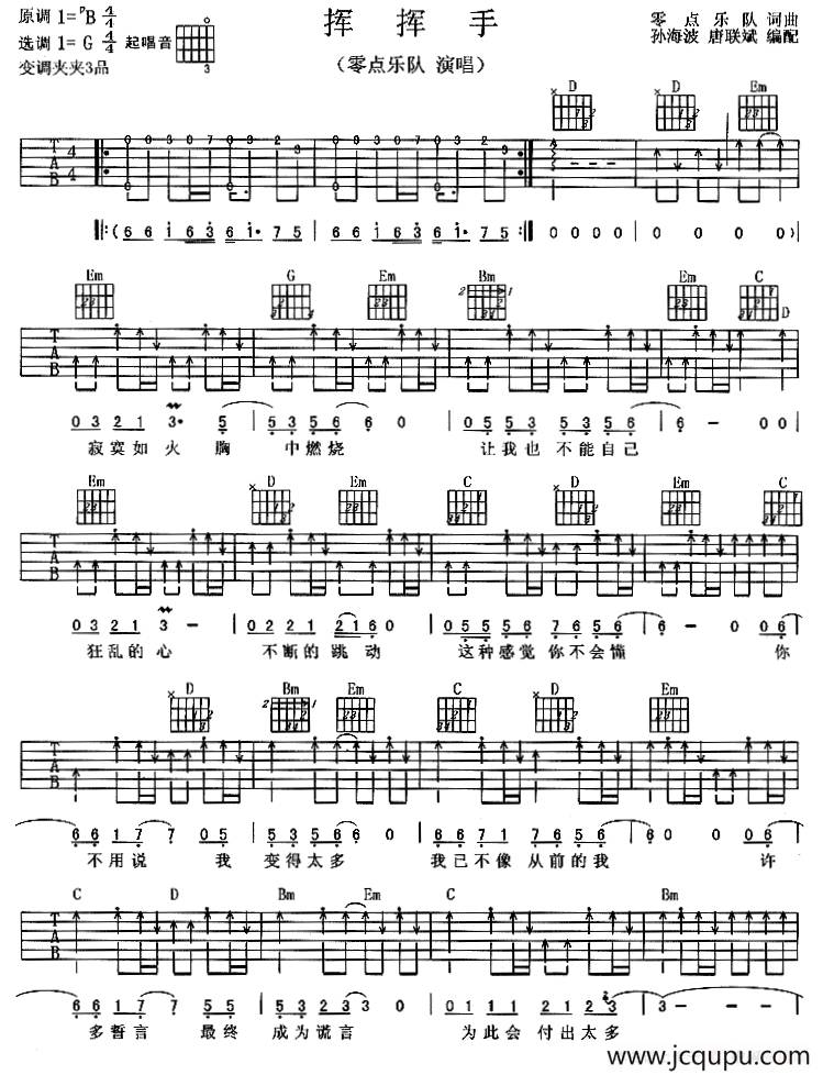 挥挥手（零点乐队词曲）简谱