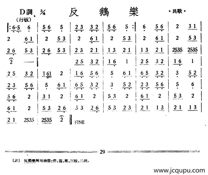 反鹅乐（丝竹乐谱）简谱