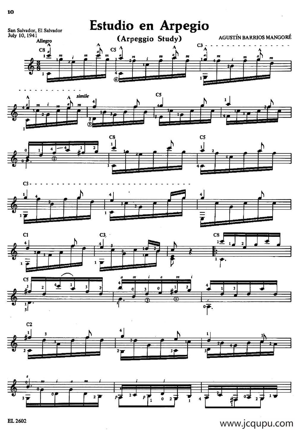 Estudio en Arpegio（古典吉他）简谱