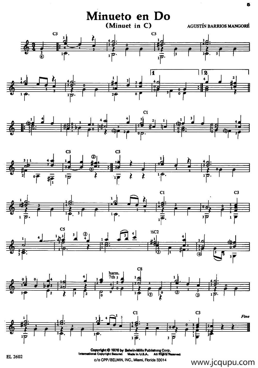 Minueto en Do（古典吉他）简谱