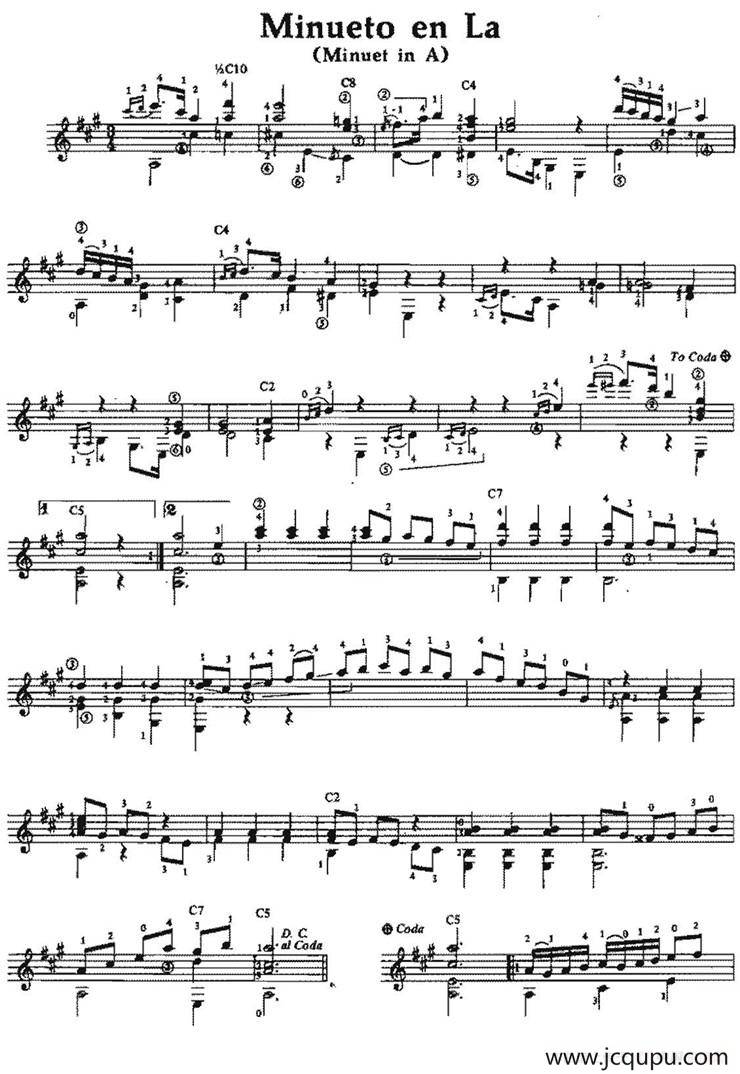 Minueto en La（古典吉他）简谱