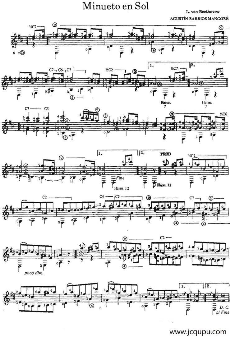 Minueto en Sol（古典吉他）简谱