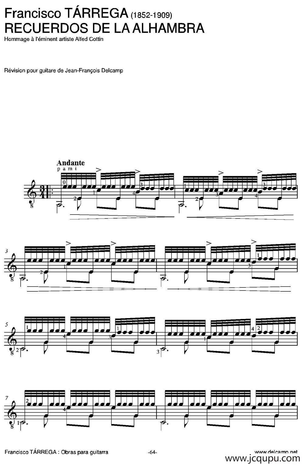 RECUERDOS DE LA ALHAMBRA(Hommage a I'eminent artiste Alfed Cottin)（古典吉他）简谱