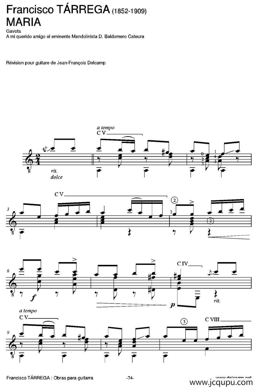 MARIA(Gavota A mi querido amigo el eminente Mandolinista D.Baldomero Cateura)（古典吉他）简谱