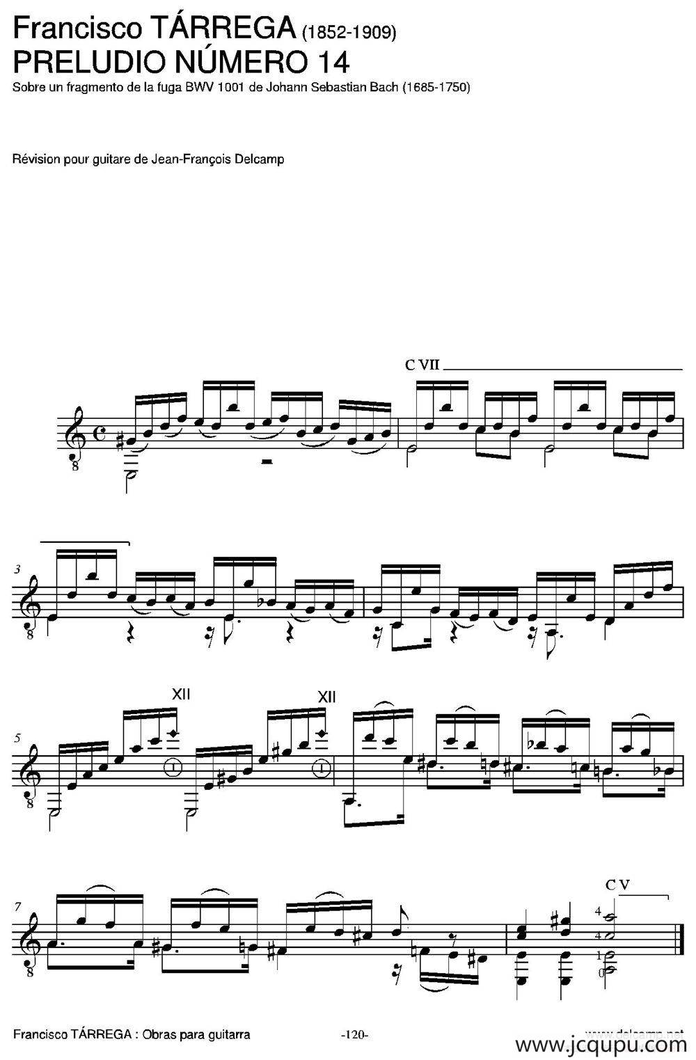 PRELUDIO NUMERO 14(Sobre un fragmento de la fuga BWV 1001 de Johann Sebastian Ba（古典吉他）简谱