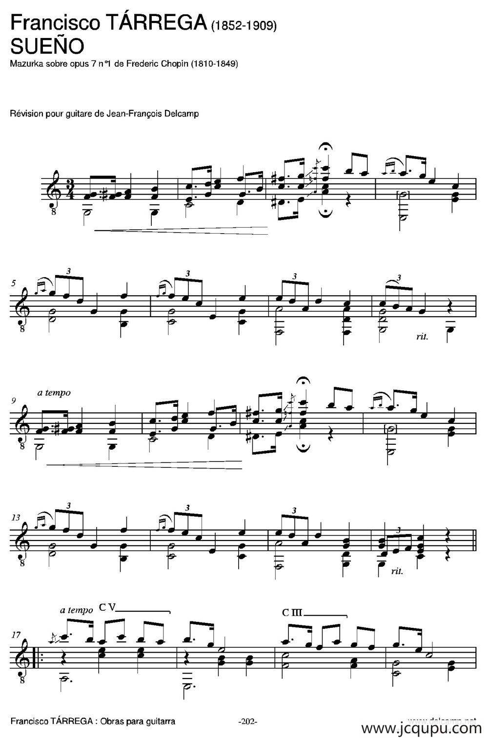 SUENO(Mazurka sobre opus 7 n1 de Frederic Chopin)（古典吉他）简谱