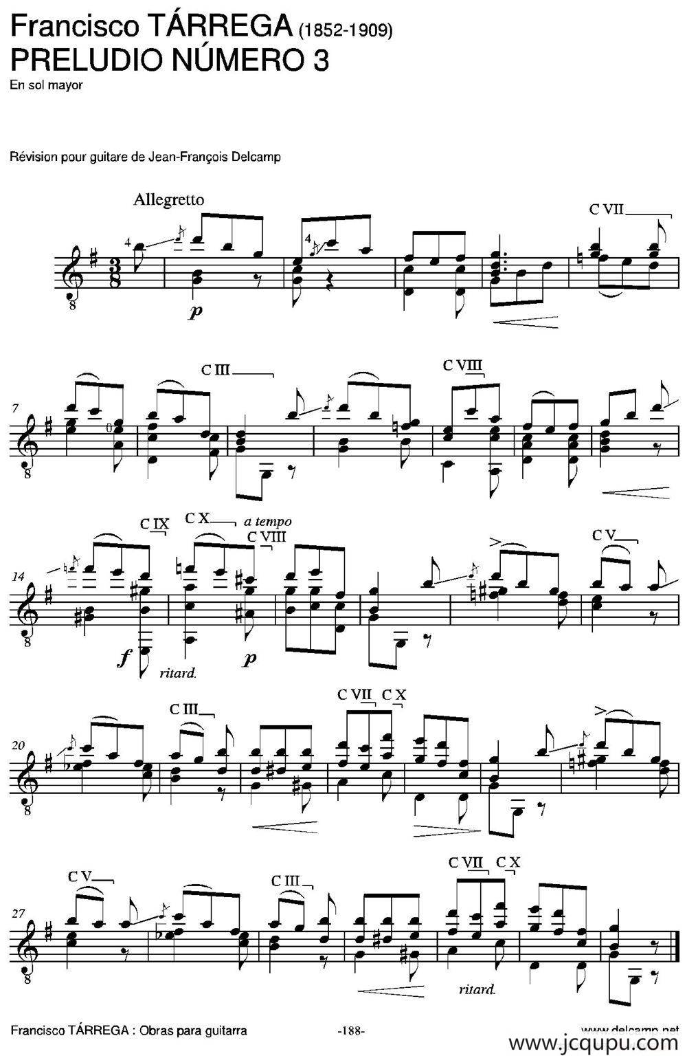 PRELUDIO NUMERO 3(En sol mayor)（古典吉他）简谱