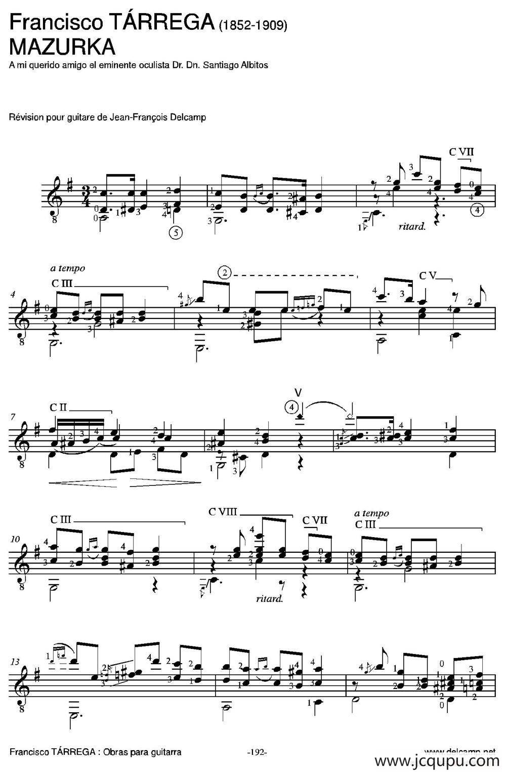 MAZURKA(A mi querido amigo el eminente oculista Dr.Dn.Santiago Albitos)（古典吉他）简谱