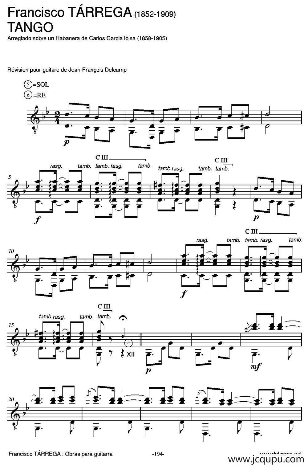 TANGO(Arreglado sobre un Habanera de Carlos Garcia Tolsa)（古典吉他）简谱