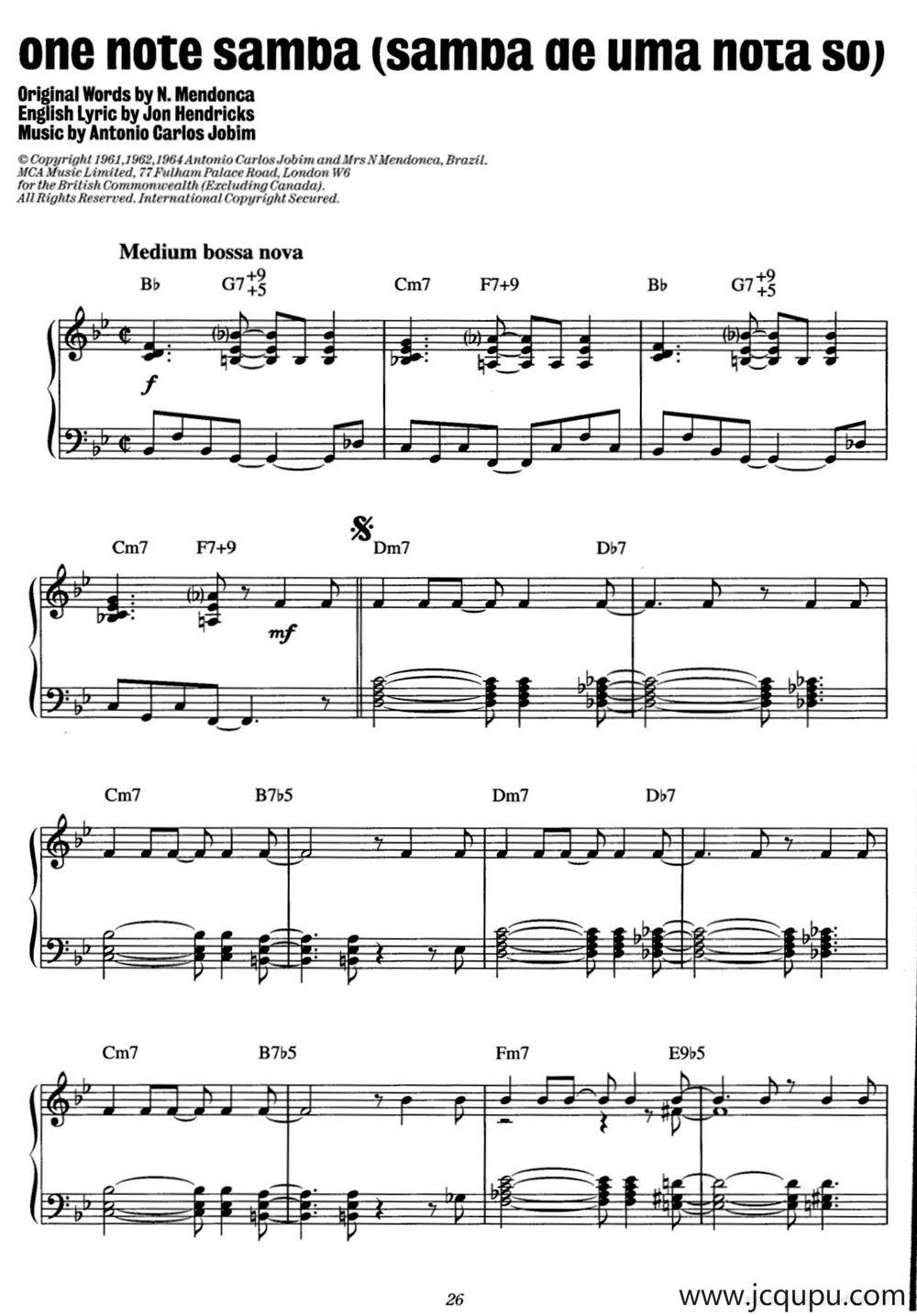One Note Samba（samba de uma nota so）（爵士钢琴酒吧独奏钢琴谱）简谱