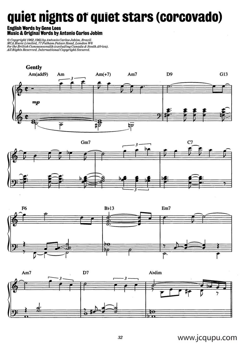 Quiet Nights Of Quiet Stars（Corcovado）（爵士钢琴酒吧独奏钢琴谱）简谱