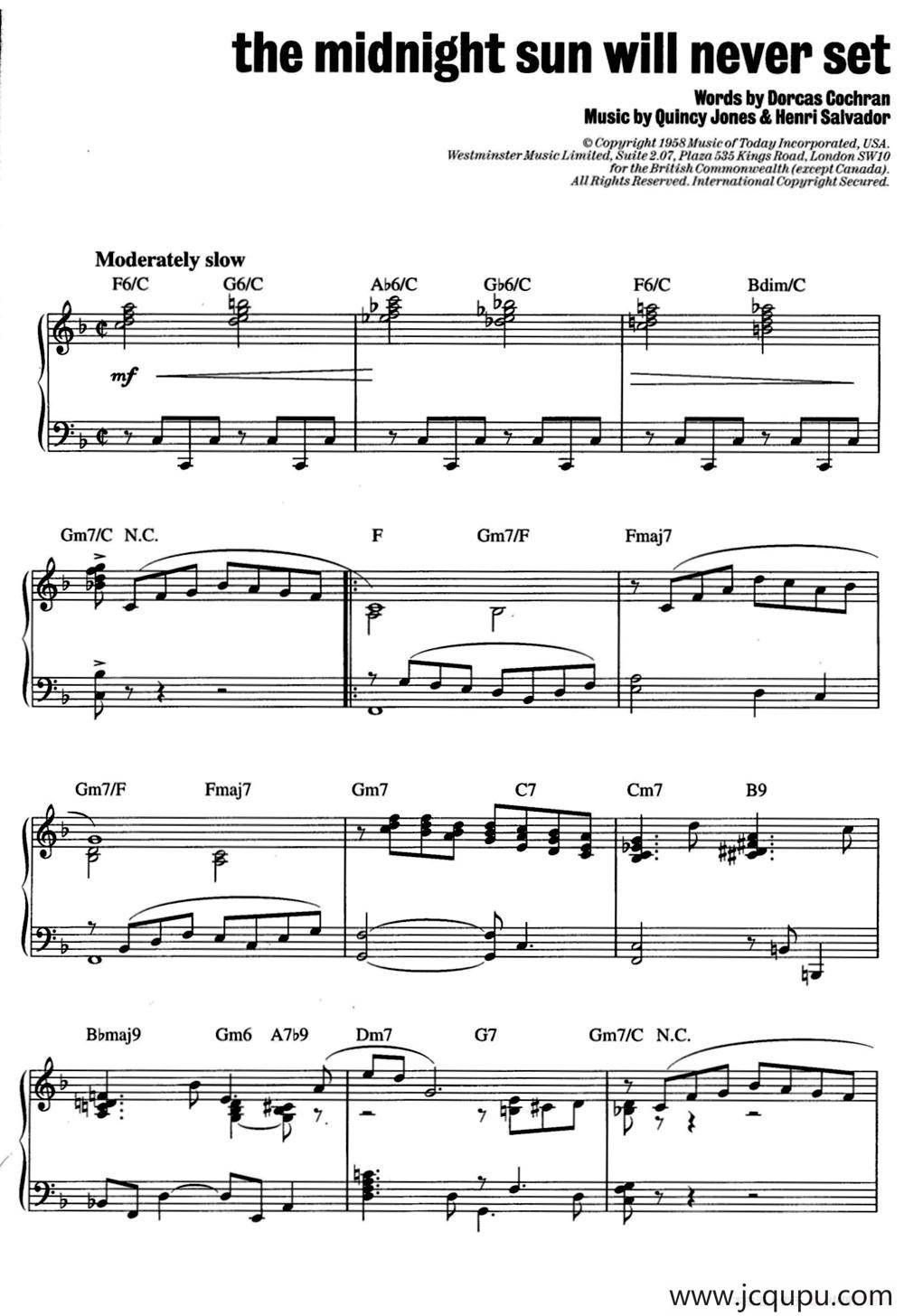 The Midnight Sun Will Never Set（爵士钢琴酒吧独奏钢琴谱）简谱