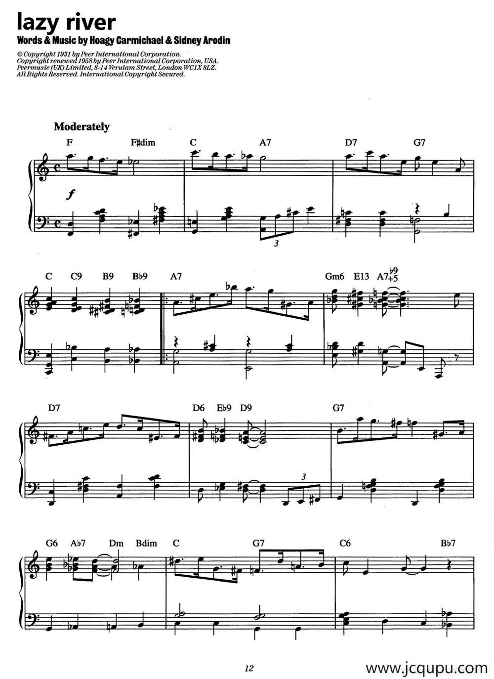 Lazy River（爵士钢琴酒吧独奏钢琴谱）简谱