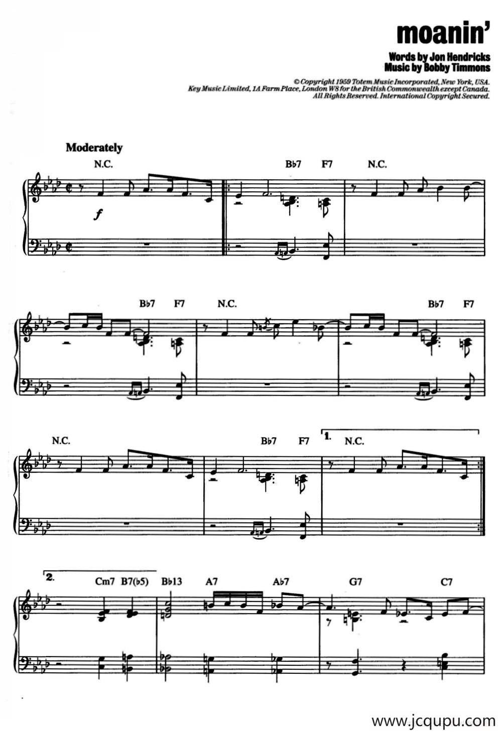 Moanin‘（爵士钢琴酒吧独奏钢琴谱）简谱