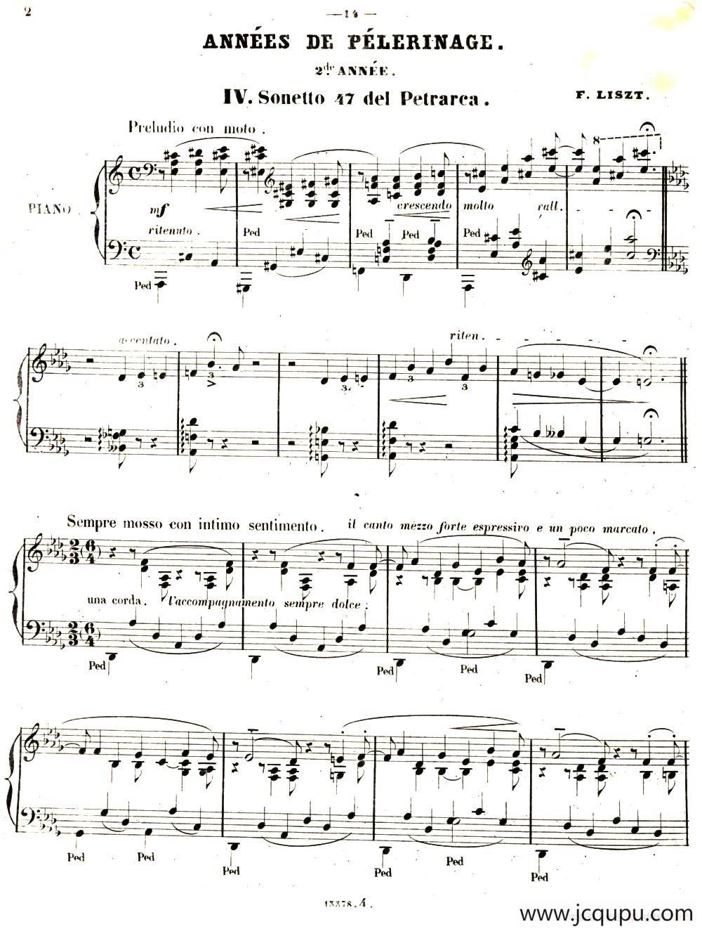 旅行岁月（第二集）意大利游记（4.彼特拉克的十四行诗第47号 Sonetto 47 del Petrarca）简谱