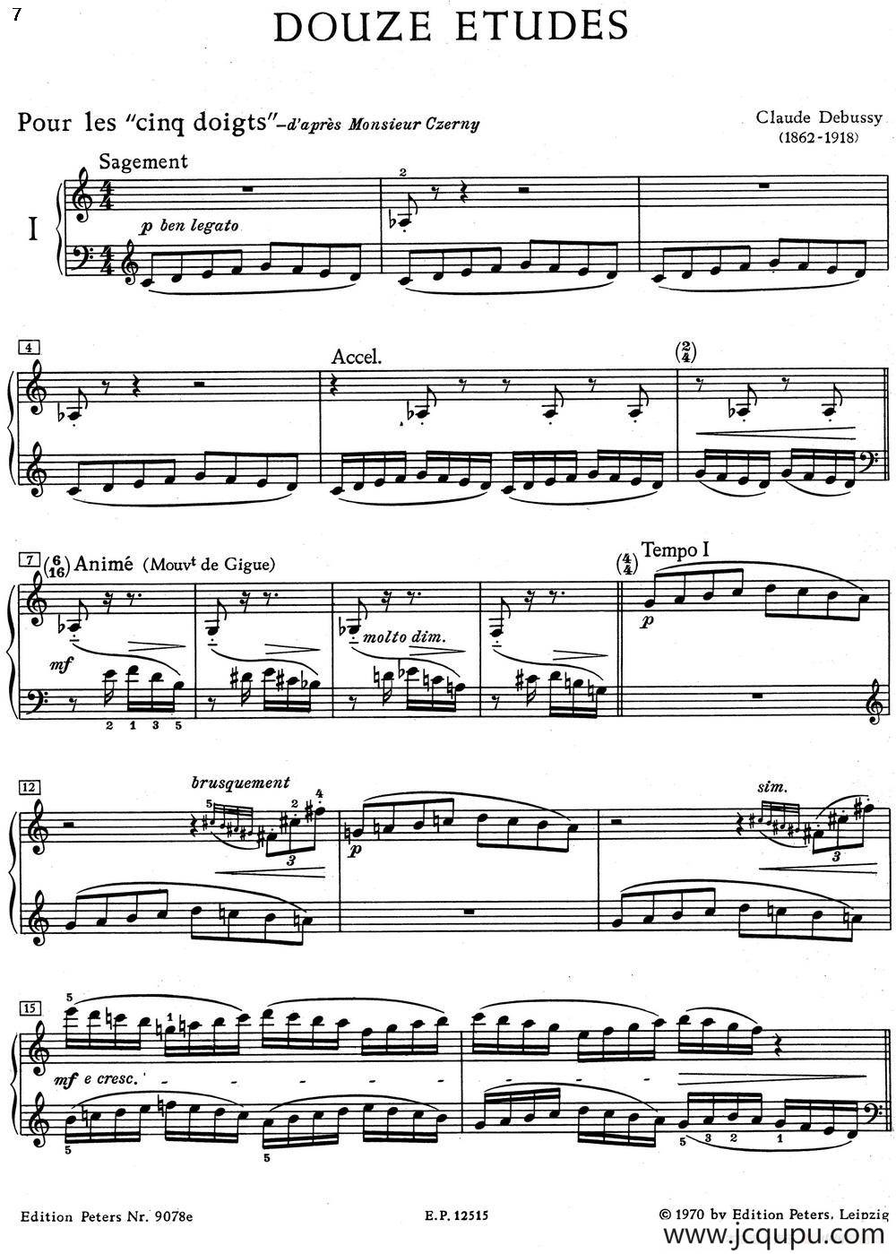 德彪西12首钢琴练习曲（1 五指练习v1.0 cinq doigts）简谱