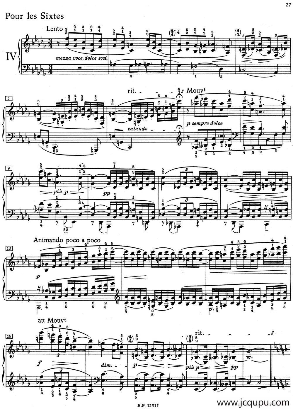 德彪西12首钢琴练习曲（4 六度练习v1.0 sixtes）简谱