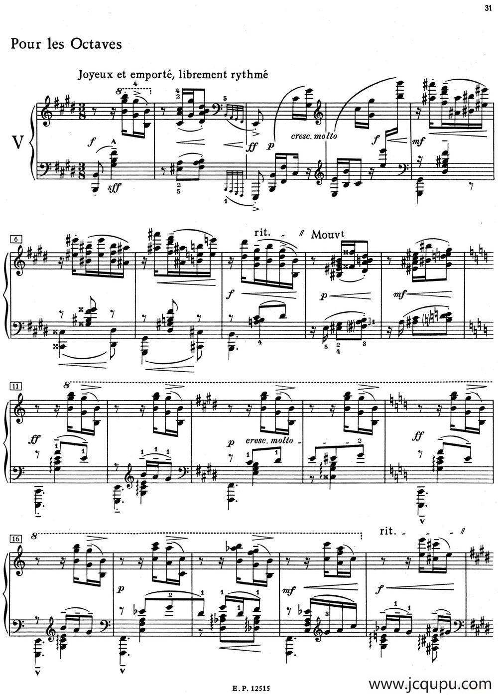 德彪西12首钢琴练习曲（5 八度练习v1.0 octaves）简谱