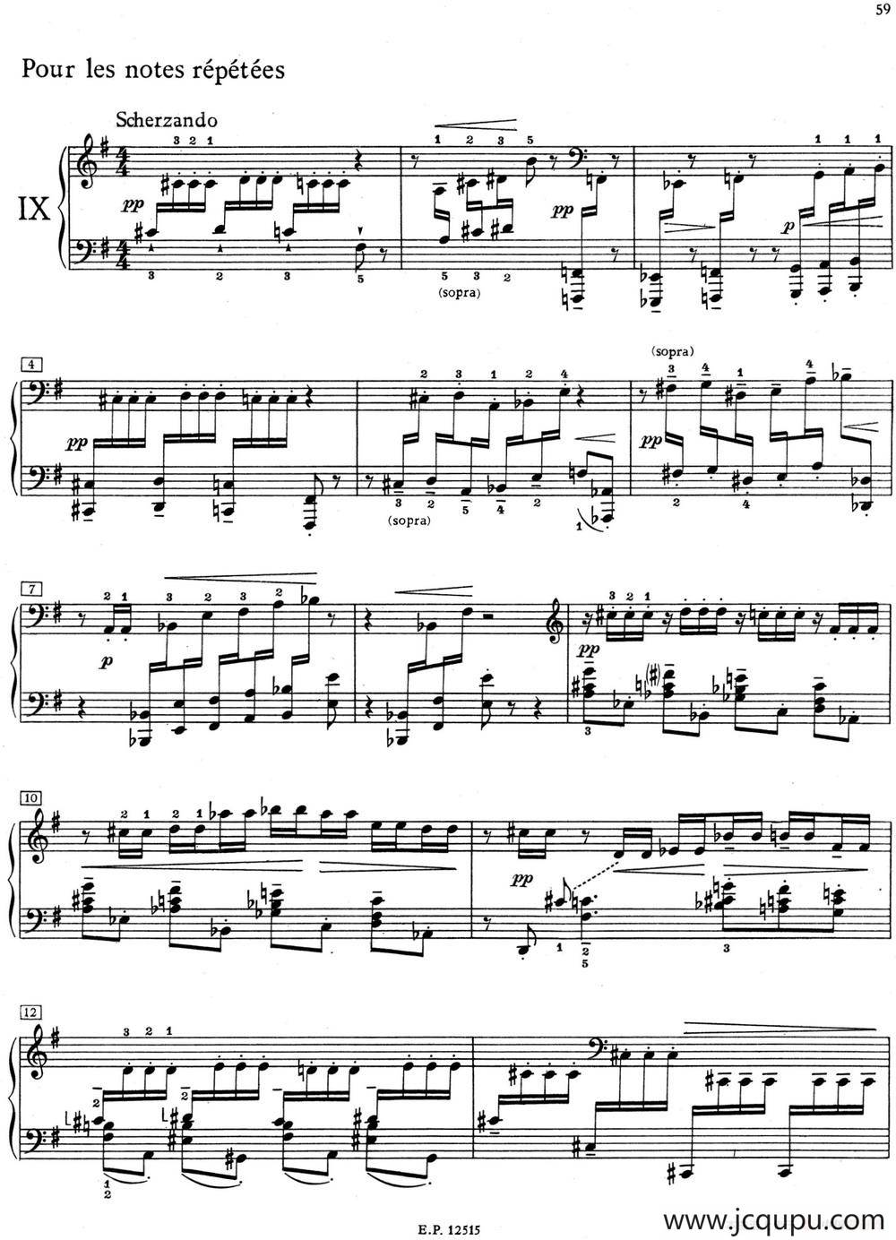 德彪西12首钢琴练习曲（9 反复音练习v1.0 notes répétées）简谱
