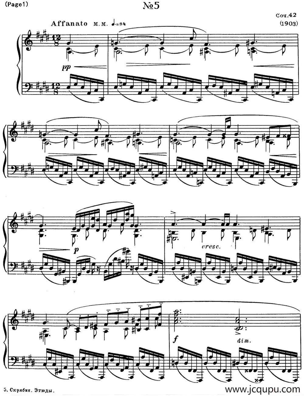 斯克里亚宾8首钢琴练习曲 Op42（No.5 Alexander Scriabin Etudes）简谱